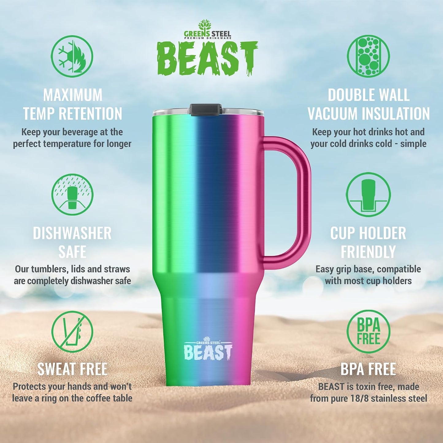 Beast 50 Oz Tumbler with Handle Stainless Steel Vacuum Insulated Coffee Ice Cup Double Wall Travel Flask (Rainbow)