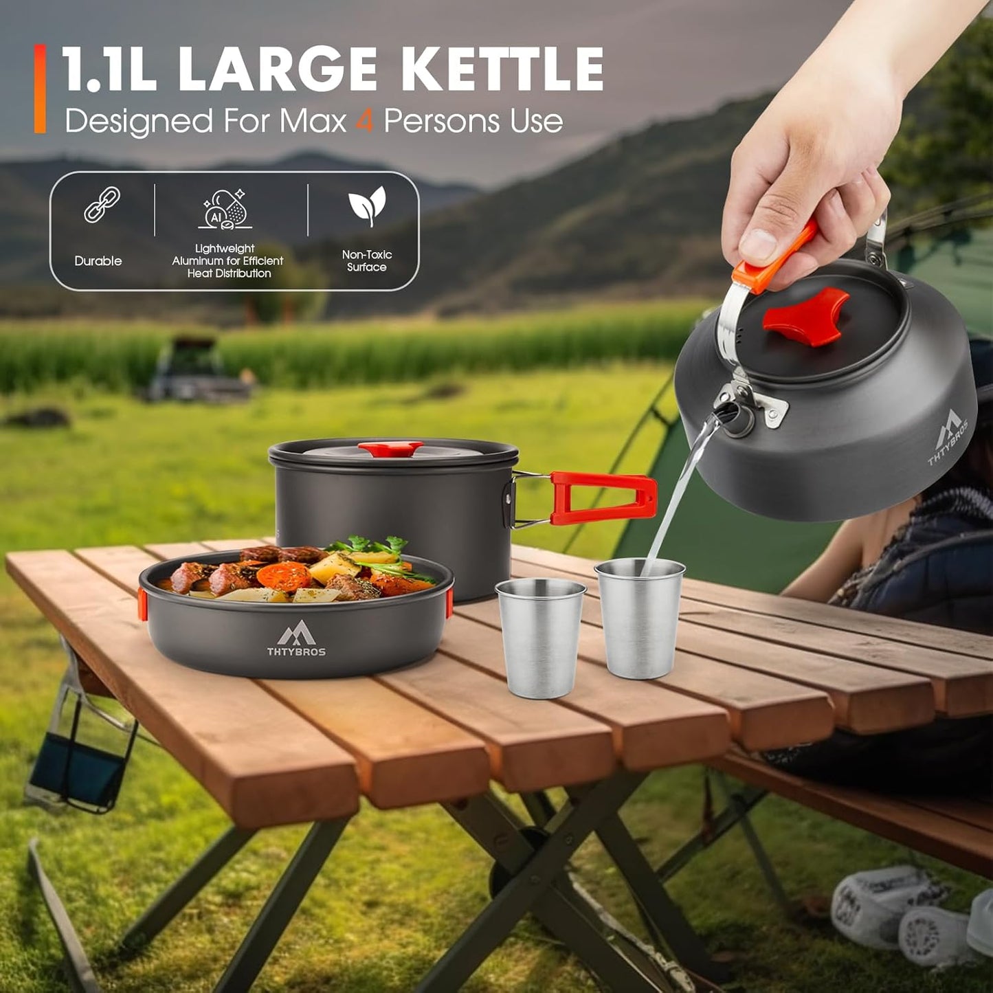 17Pcs Camping Cookware Kit, 0.45Gal Pot, 7Inches Pan,0.30Gal Kettle Set with 2 Set Stainless Steel Cups Plates Forks Knives Spoons for Hiking,Camping,Backpacking,Outdoor Cooking and Picnic