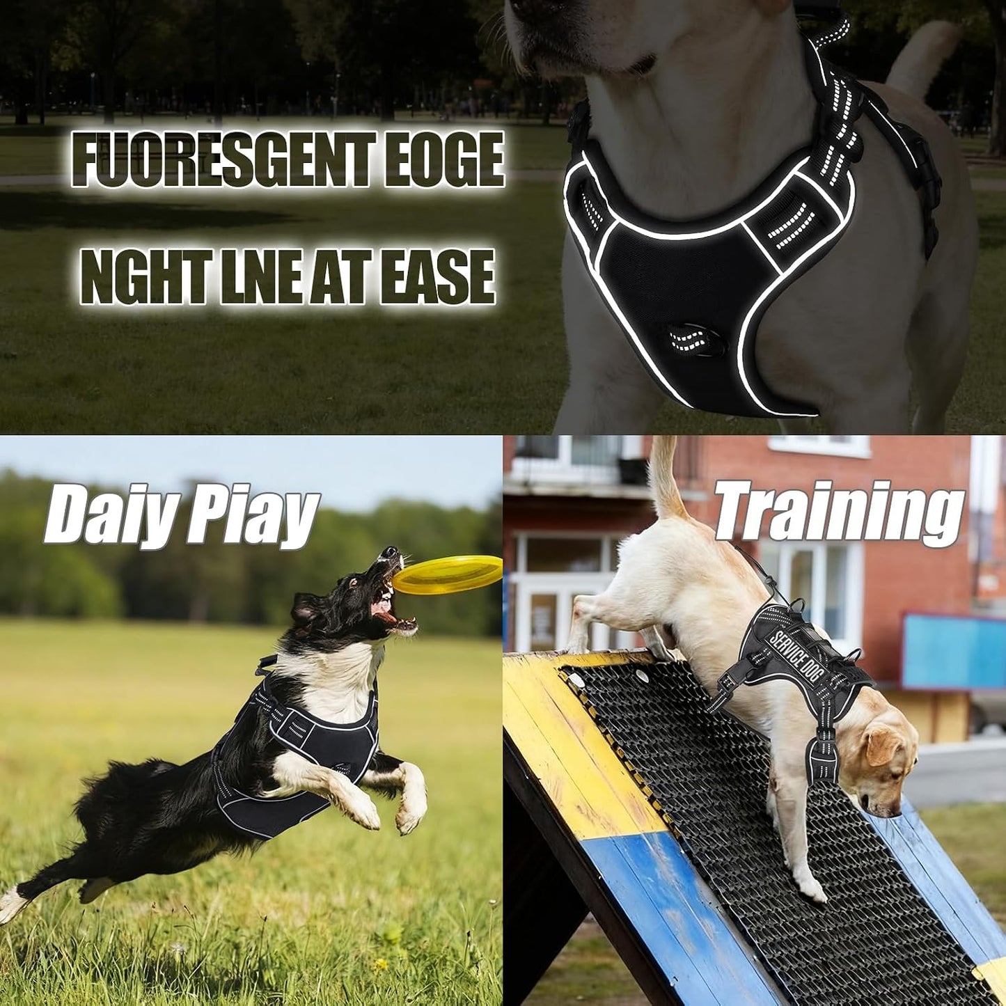 Service Dog Tactical Vest Harness and Leash Set Large Sized Dog Emotional Support- Tactical Dog Harness Training Collar with Name (Black, L)