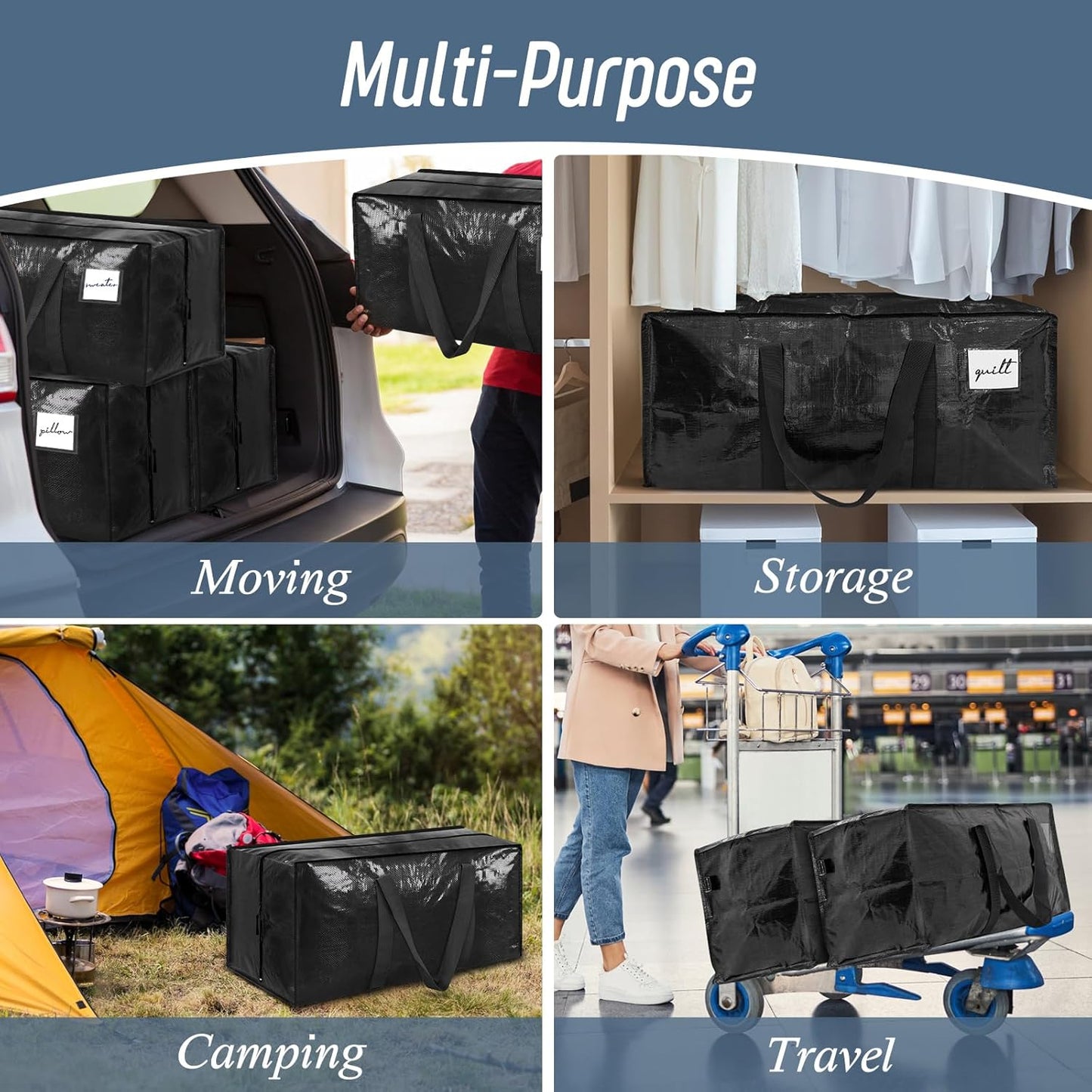 12 Pack Extra Heavy Duty Large Moving Bags with Strong Zipper & Comfortable Handles, Sturdy & Durable Clothes Storage Bags Totes Bins, Packing Moving Boxes for College Supplies, Black