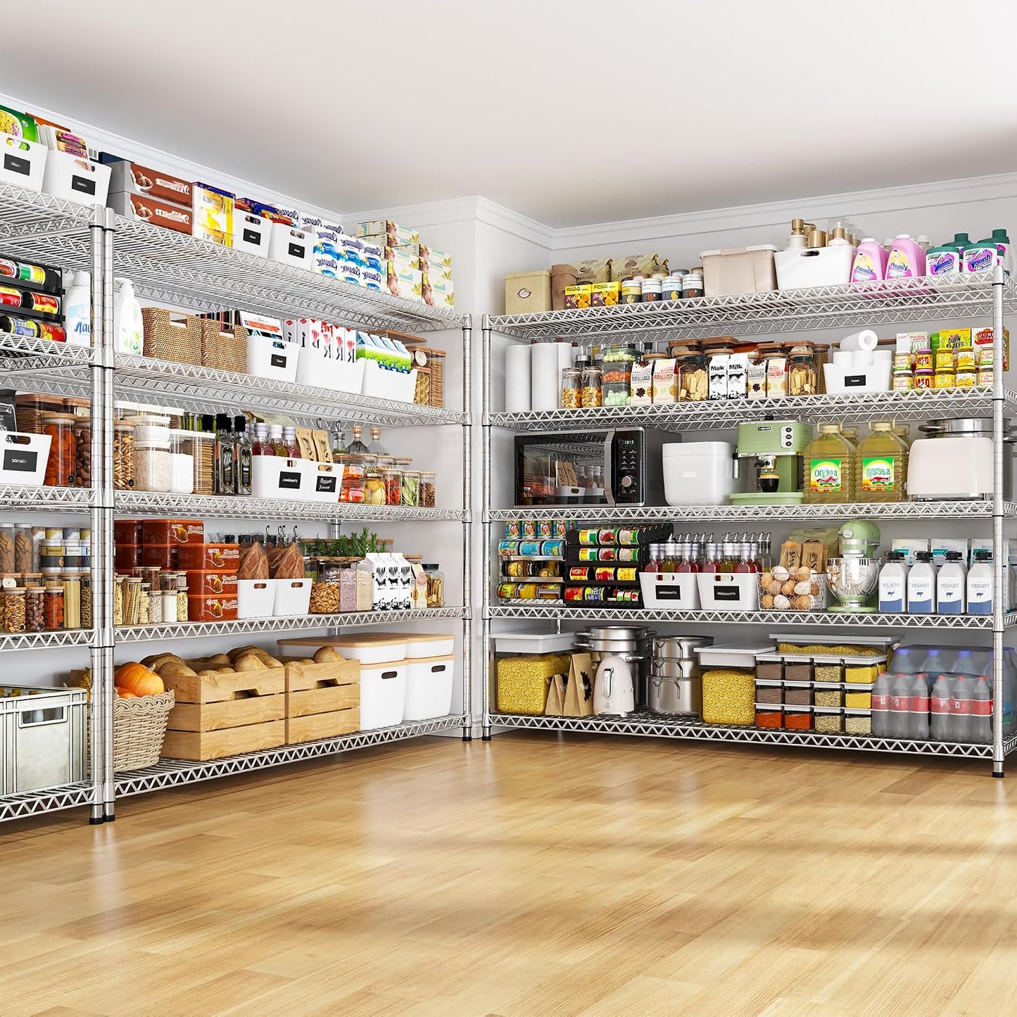 55.5" W Storage Shelves 3200LBS Metal Shelving 5 Tier Wire Shelving Garage Shelving Heavy Duty Metal Shelves for Shelving Unit Commercial Adjustable Shelf, 55.5" W X 18''D X 71" H,Chrome,2P