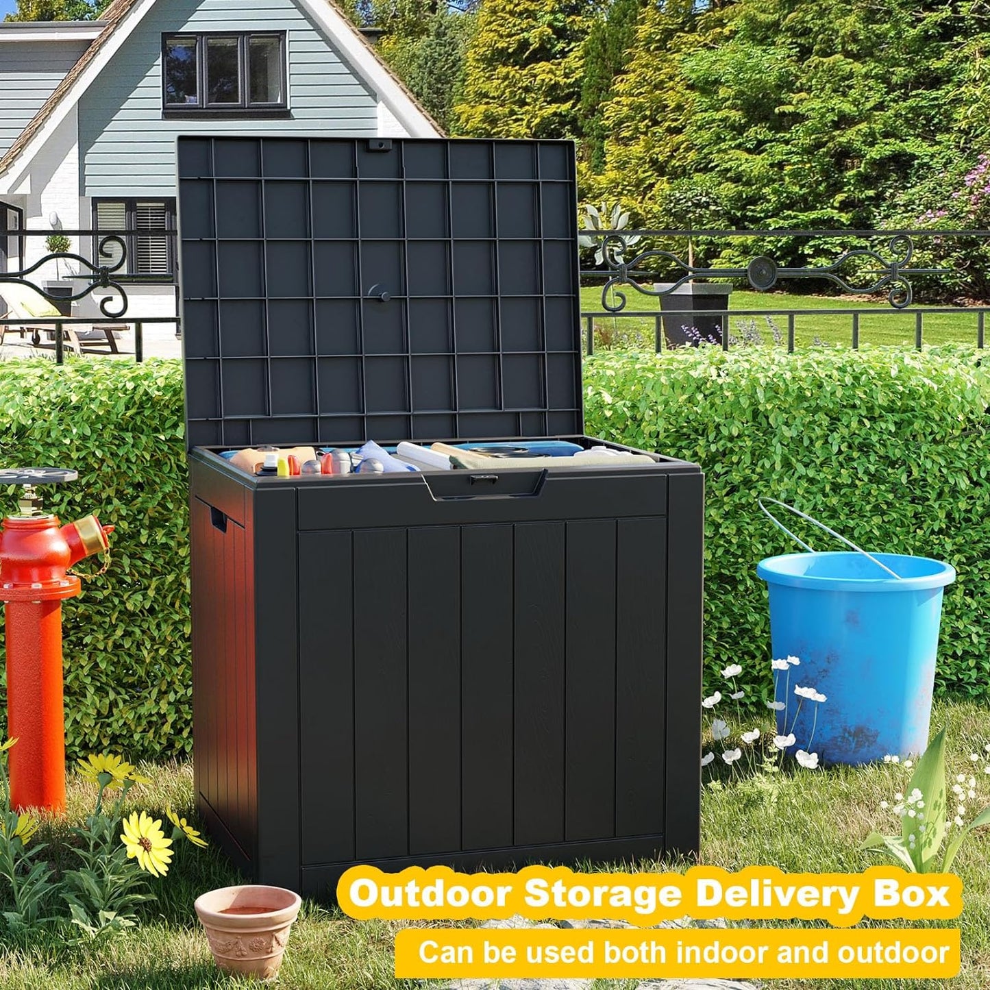 30 Gallon Outdoor Deck Box, Lockable Waterproof Outdoor Storage Boxes for Garden Tools,Indoor Cushions,Accessories outside Storage Resin Weatherproof Container(Black)