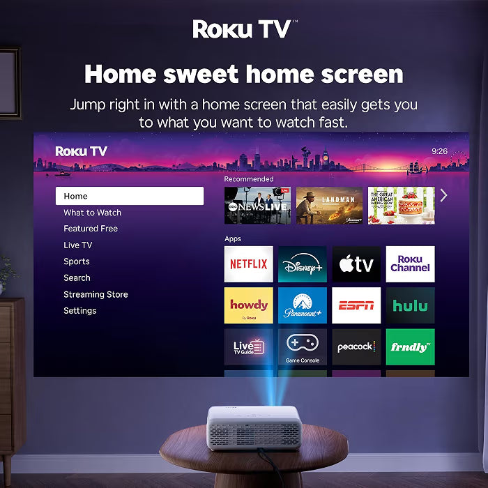 Roku TV D1R Smart Portable Outdoor Projector with Wifi and Bluetooth | Roku TV Built-In, All Top Apps, 1080P FHD, Doiby Audio, Auto Focus & Keystone, Zoom, Mini Projector for Home & Outdoor Movies