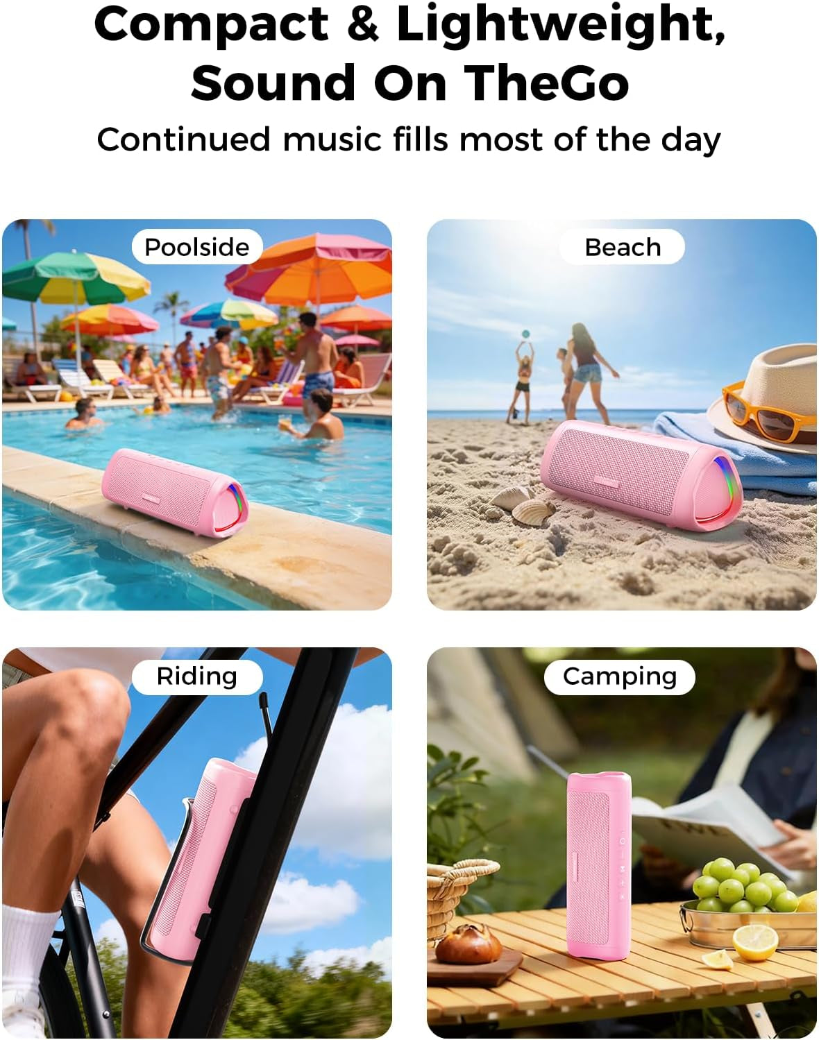 Bluetooth Speaker, 20W HD Sound, Portable Wireless, IPX5 Waterproof, up to 24H Playtime, TWS Pairing, for Home/Party/Outdoor/Camping/Beach Essentials, Electronic Gadgets, Birthday Gift (Pink)