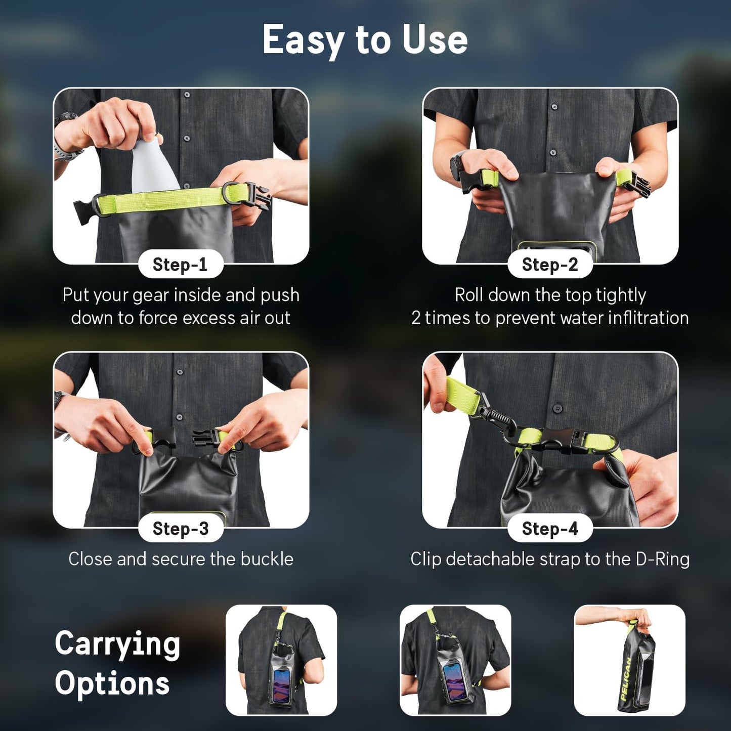 Pelican Marine IP68 Waterproof Dry Bag 2L W/Phone Pouch/Case - Black/Yellow | Roll Top Waterproof Backpack with Touchscreen Phone Pouch - Swimming, Kayaking, Camping, Rafting, Fishing & Travel Essentials