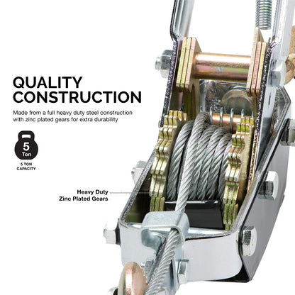Heavy-Duty 5-Ton Come Along Winch - 10,000 lbs Pulling Power with Dual Gears and 3 Hooks for Ultimate Versatility in Recovery and Lifting