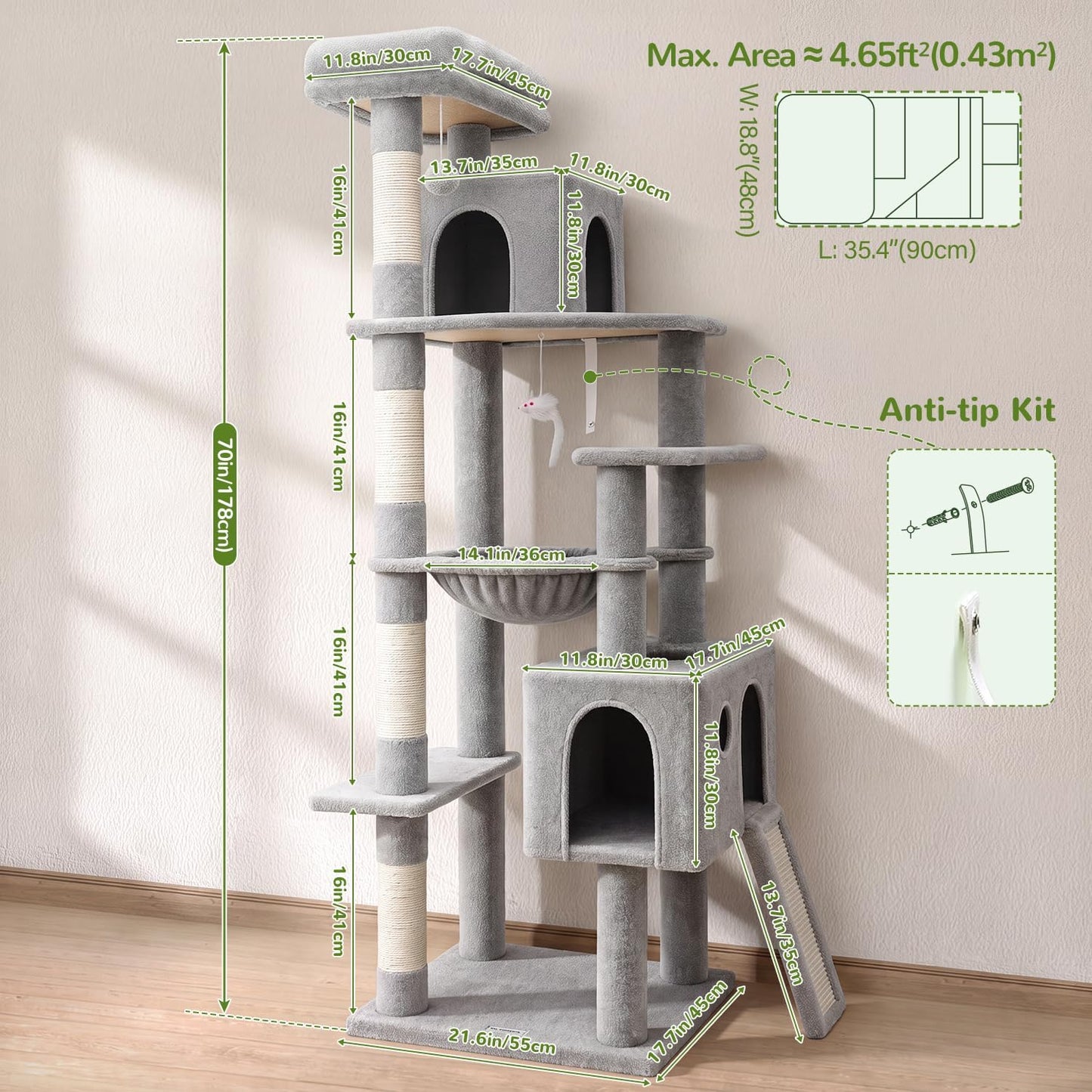 Heavy Duty Cat Tree, 70 Inch Sturdy Cat Tree for Indoor Cats Extra Large Cat Tower with Scratching Post, Hammock, Cat Condo for Adult Cats Kittens, F70 Pro, Light Grey