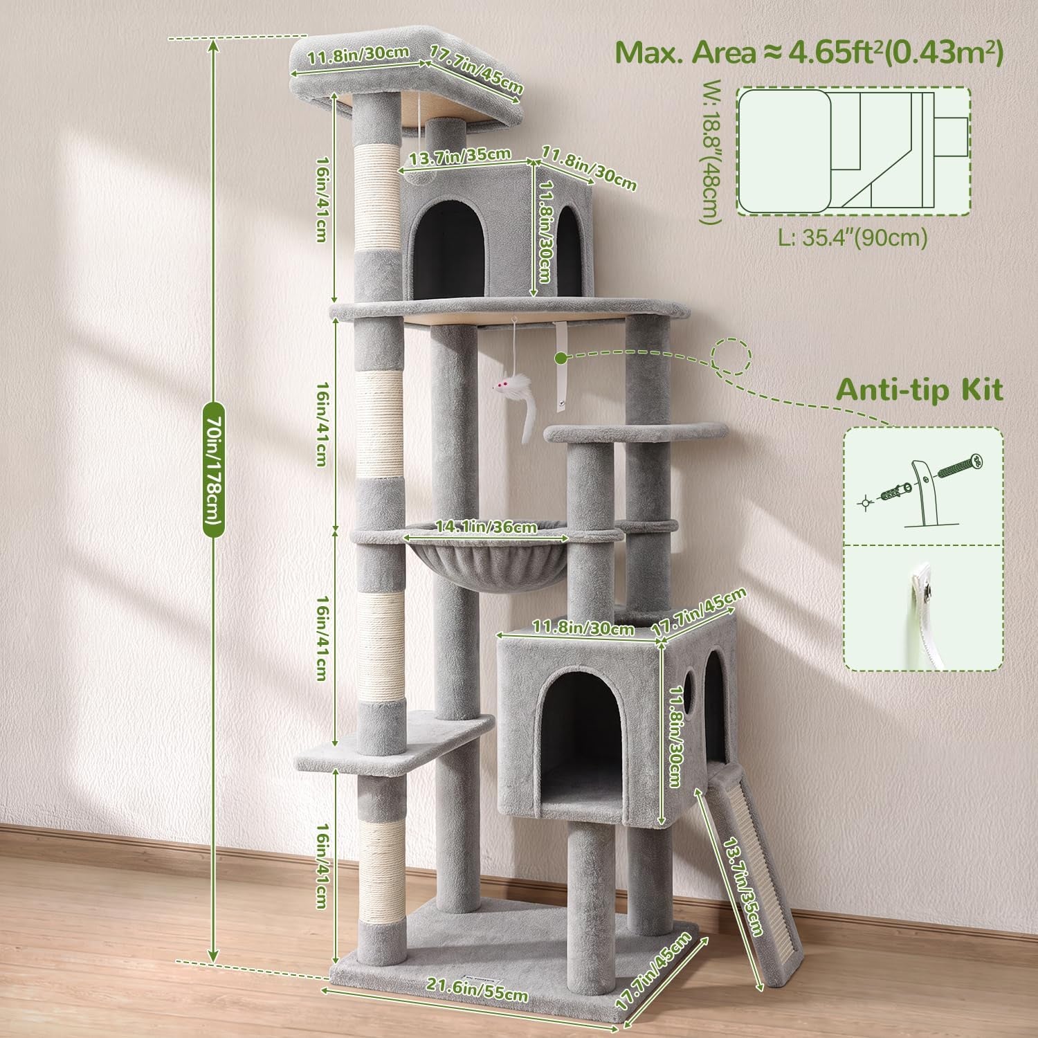 Heavy Duty Cat Tree, 70 Inch Sturdy Cat Tree for Indoor Cats Extra Large Cat Tower with Scratching Post, Hammock, Cat Condo for Adult Cats Kittens, F70 Pro, Light Grey