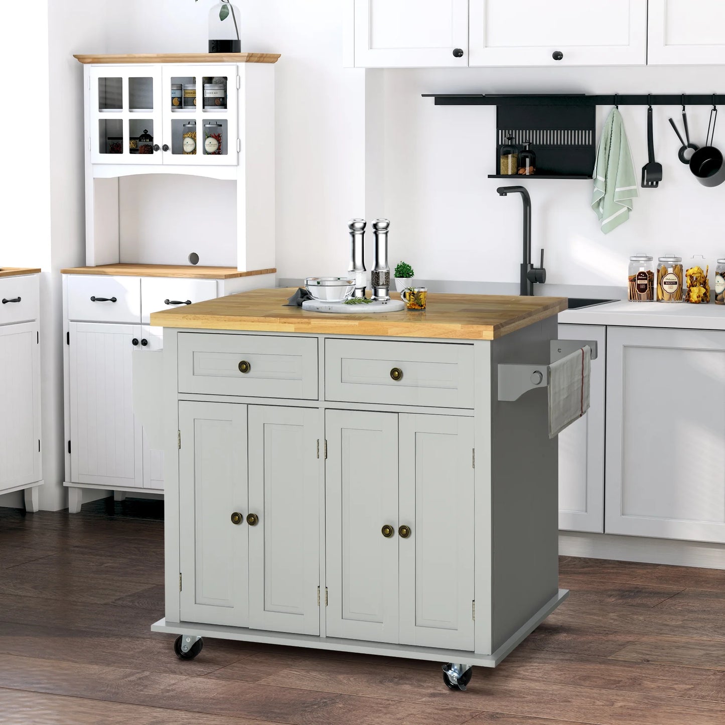 Kitchen Island on Wheels, Rolling Cart with Rubber Wood Top, Spice Rack, Towel Rack & Drawers for Dining Room, Gray