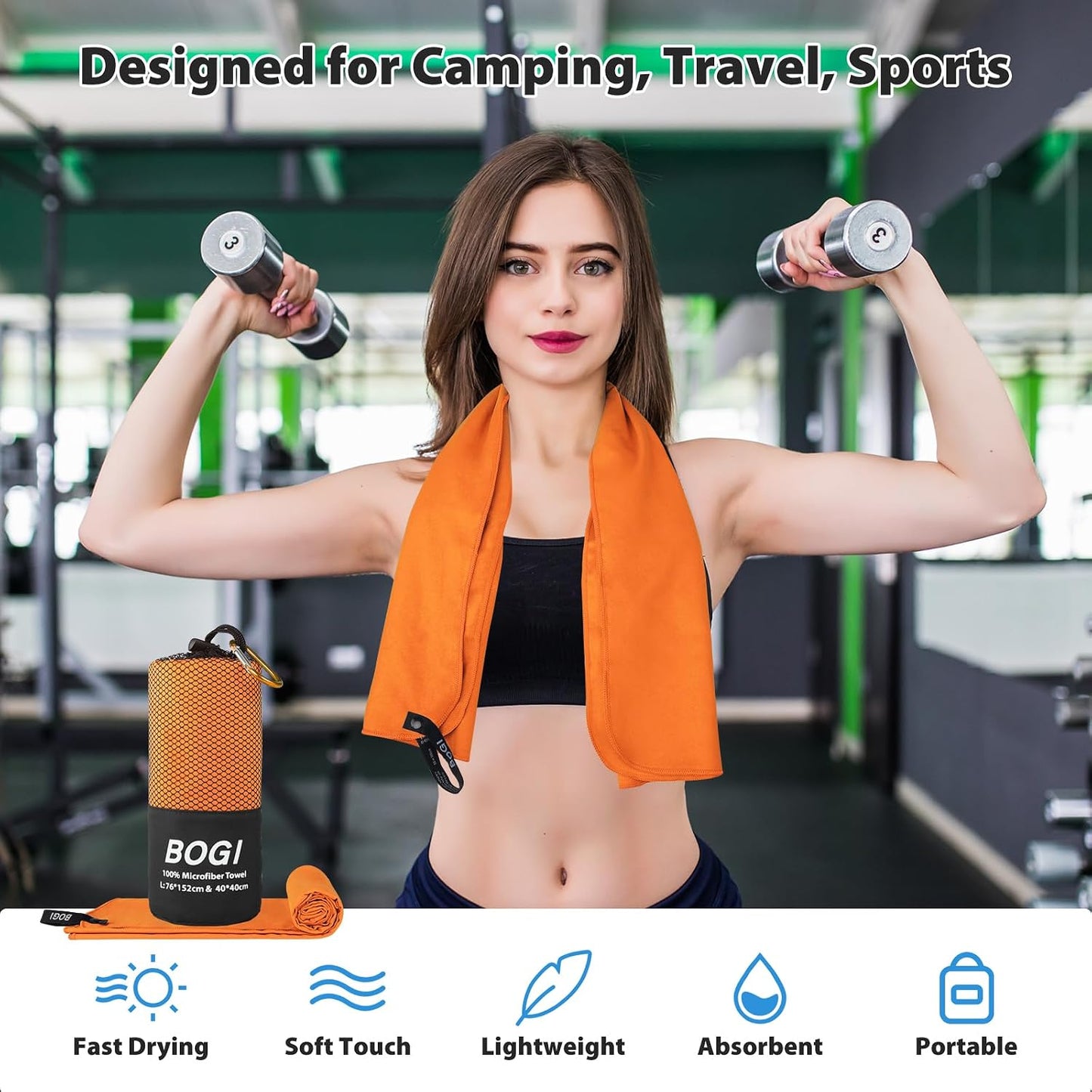 Microfiber Travel Sports Towel - Quick Dry, Soft Lightweight, Compact for Camping, Gym, Yoga, Swimming, Backpacking (Xl:72''X32''+16''X16'' - Orange)
