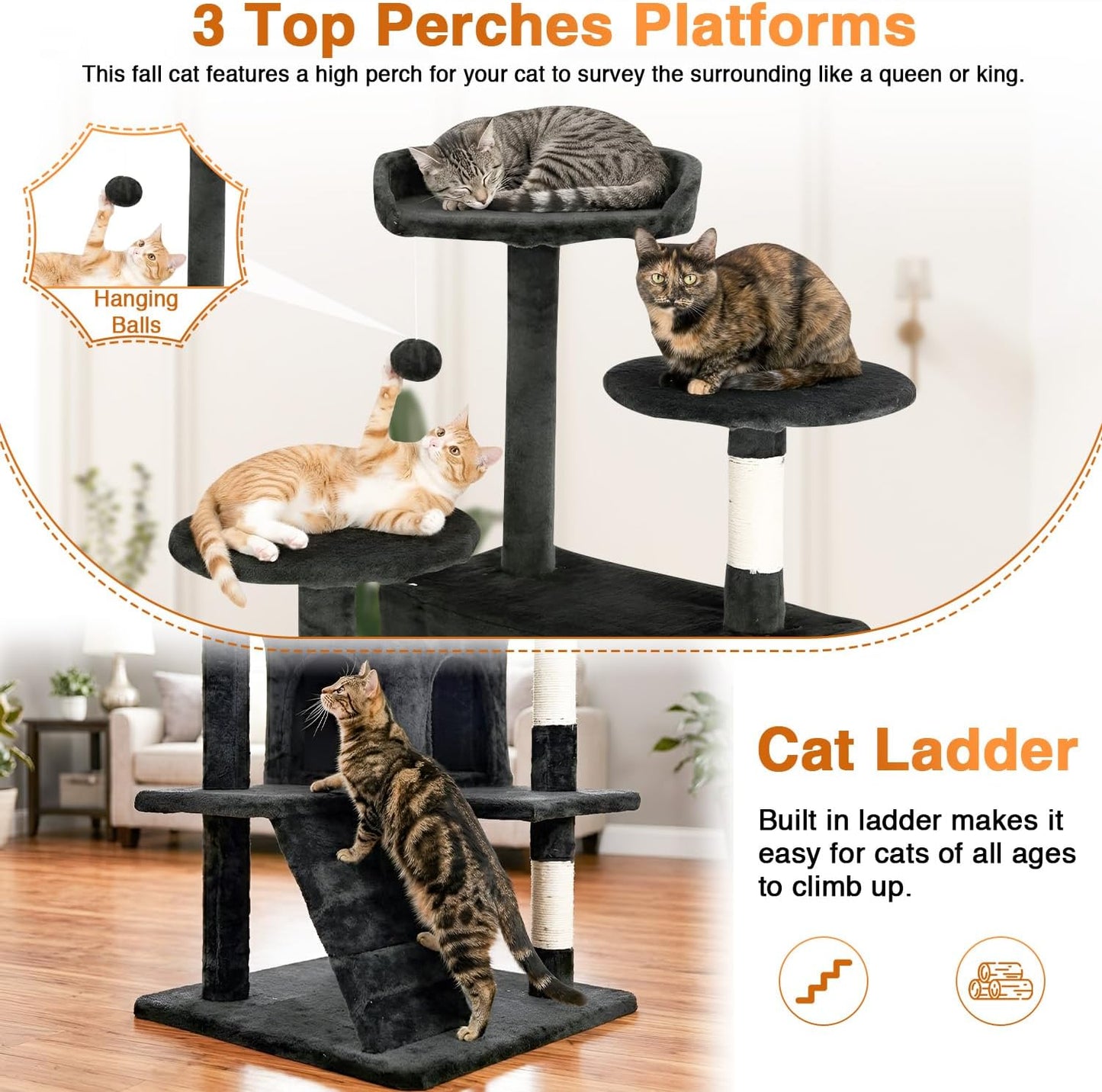 | 54" Cat Tree Tower | Dark Gray | Multi-Level Indoor Activity Center with Sisal Scratching Posts, Condos, Plush Perches, Hanging Cat Toys | Sturdy, Easy to Assemble | for Kittens & Adult Cats