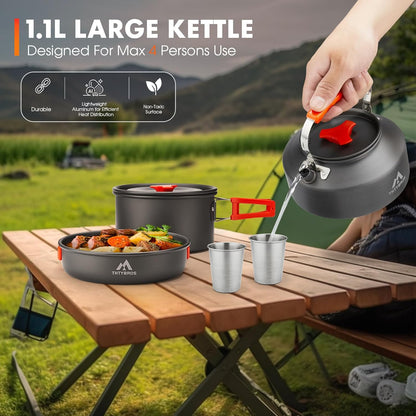 17Pcs Camping Cookware Kit, 0.45Gal Pot, 7Inches Pan,0.30Gal Kettle Set with 2 Set Stainless Steel Cups Plates Forks Knives Spoons for Hiking,Camping,Backpacking,Outdoor Cooking and Picnic