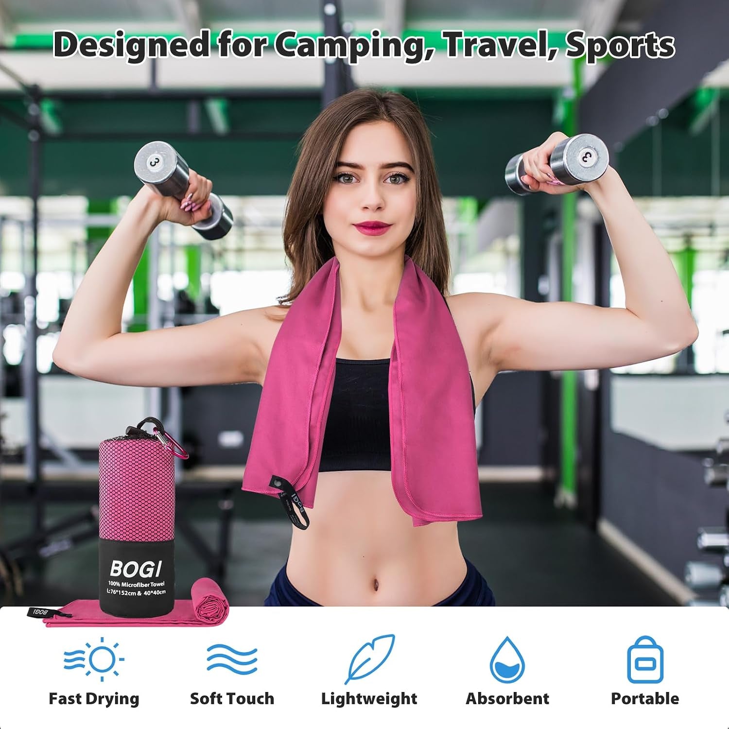 Microfiber Travel Sports Towel-Quick Dry Towel, Soft Lightweight Microfiber Camping Towel Absorbent Compact Travel Towel for Camping Gym Yoga Swimming Backpacking (Xl:72''X32''+16''X16''-Hpink)