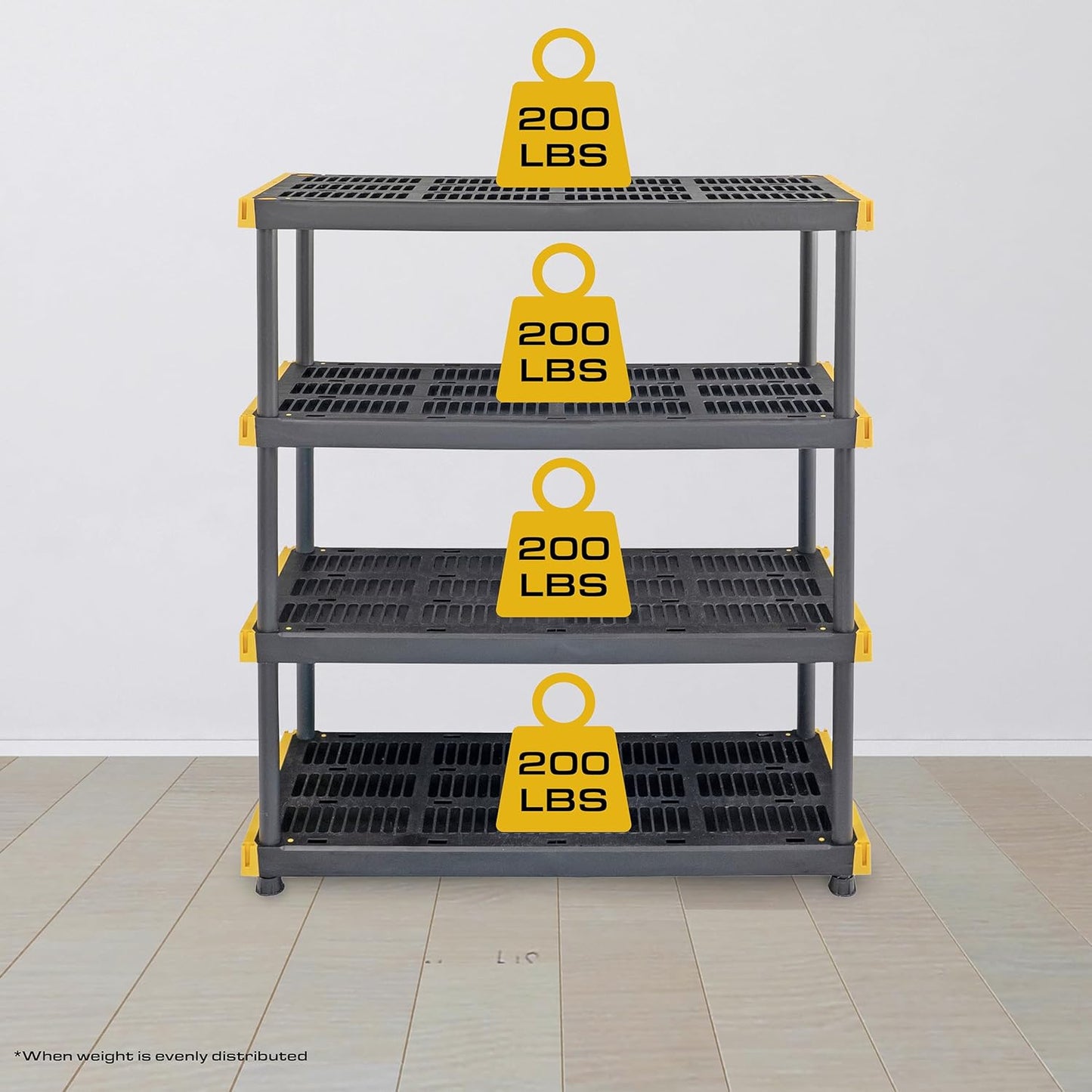 Black & Yellow 4-Tier Heavy Duty Storage Shelves and 8 Heavy Duty Storage Bins with Lids, 4 Shelves That Support up to 200Lbs/Shelf + 27 Gallon Containers (8-Pack), Organization and Storage