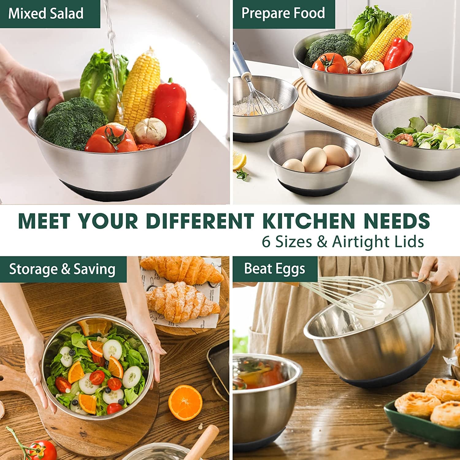 Versatile 6-Piece Stainless Steel Mixing Bowls Set with Airtight Lids - Perfect for Mixing, Serving, and Food Storage in Modern Black