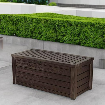 Keter 150 Gallon Resin Large Deck Box Organization and Storage Box for Patio, Outdoor Cushions, Garden Tools, Brown | Brown, Resin, Large, Weatherproof, Lockable, Hydraulic Pistons, Easy Assembly, Organization, Patio Cushions Storage