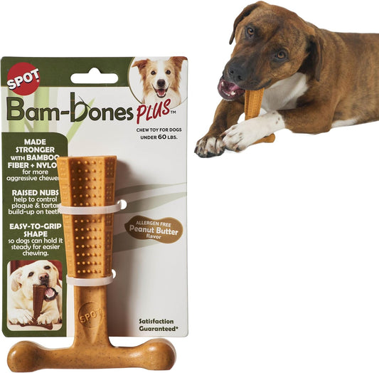 Bam-Bones plus T Bone - Bamboo Fiber & Nylon, Durable Long Lasting Dog Chew for Aggressive Chewers – Toy for Dogs & Puppies under 60Lbs, Non-Splintering, 6In, Allergen Free Peanut Butter Flavor