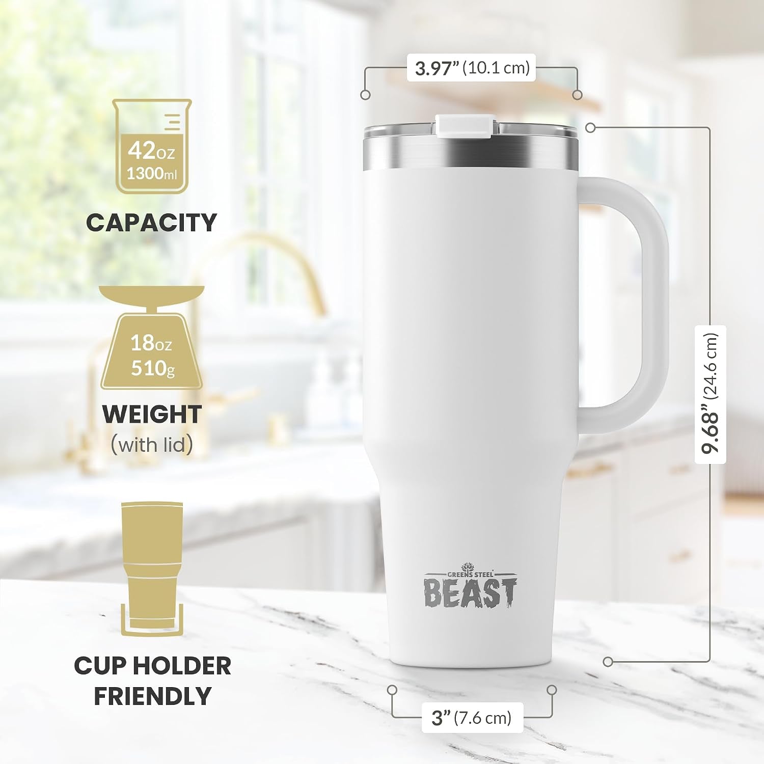 Beast 42 Oz Tumbler with Handle Stainless Steel Vacuum Insulated Coffee Ice Cup Double Wall Travel Flask (Arctic White)