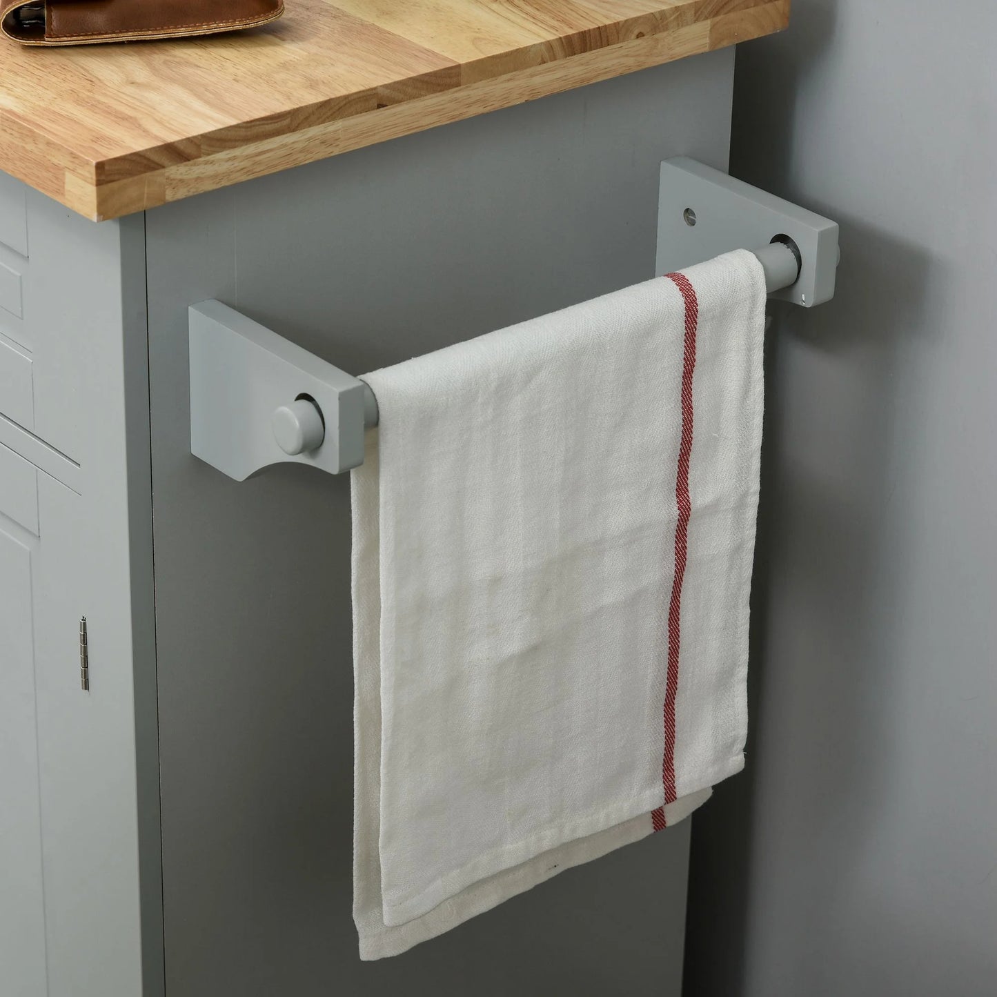 Kitchen Island on Wheels, Rolling Cart with Rubber Wood Top, Spice Rack, Towel Rack & Drawers for Dining Room, Gray