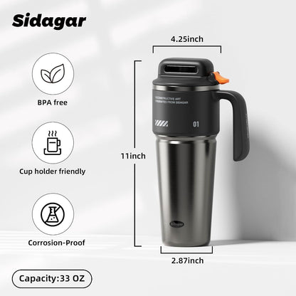 32 Oz Insulated Tumbler with Push-Button Lid and Handle, Black | 316L Stainless Steel, Leakproof Lid, Double-Wall Vacuum Insulation, Keeps Drinks Hot or Cold for Work, Travel & Daily Use