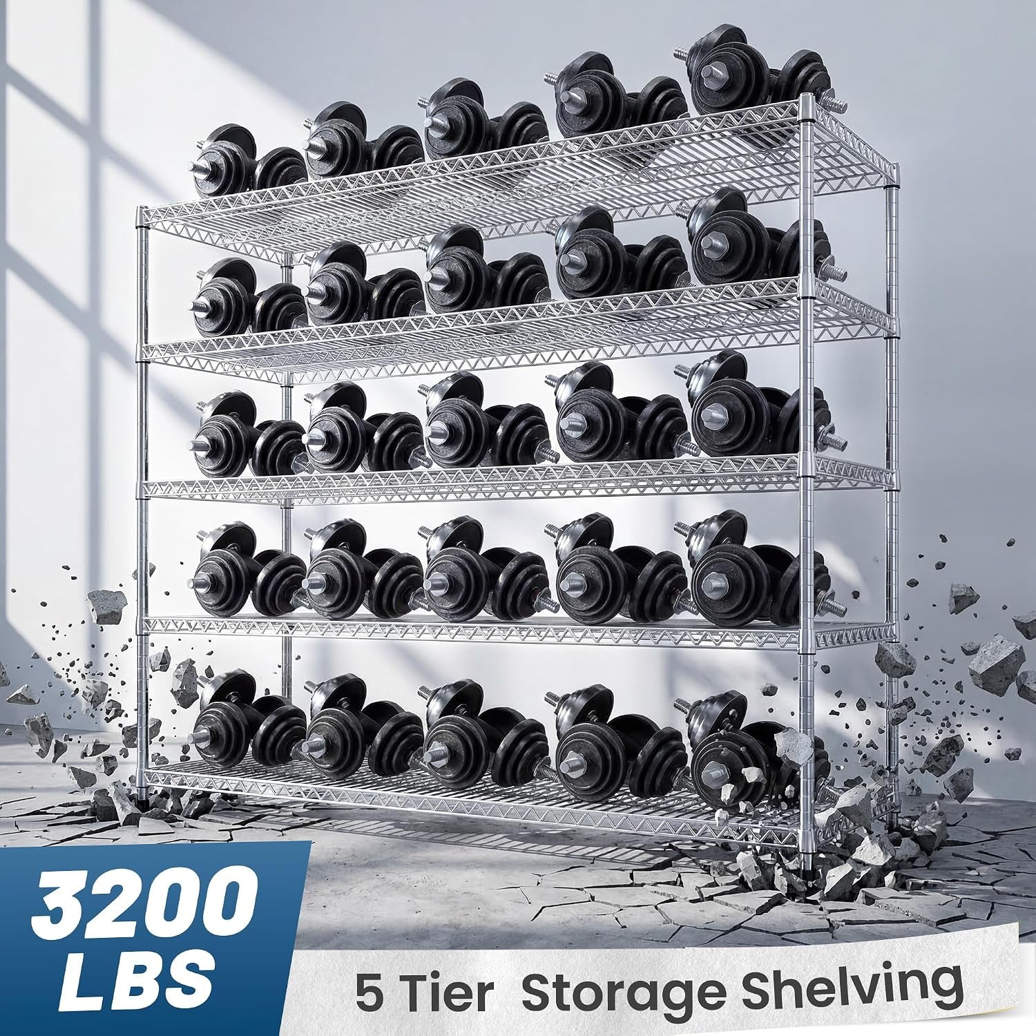 55.5" W Storage Shelves 3200LBS Metal Shelving 5 Tier Wire Shelving Garage Shelving Heavy Duty Metal Shelves for Shelving Unit Commercial Adjustable Shelf, 55.5" W X 18''D X 71" H，Chrome,2P