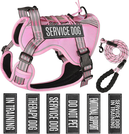 Service Dog Tactical Vest Harness and Leash Set Large Sized Dog Emotional Support- Tactical Dog Harness Training Collar with Name (Pink, L)