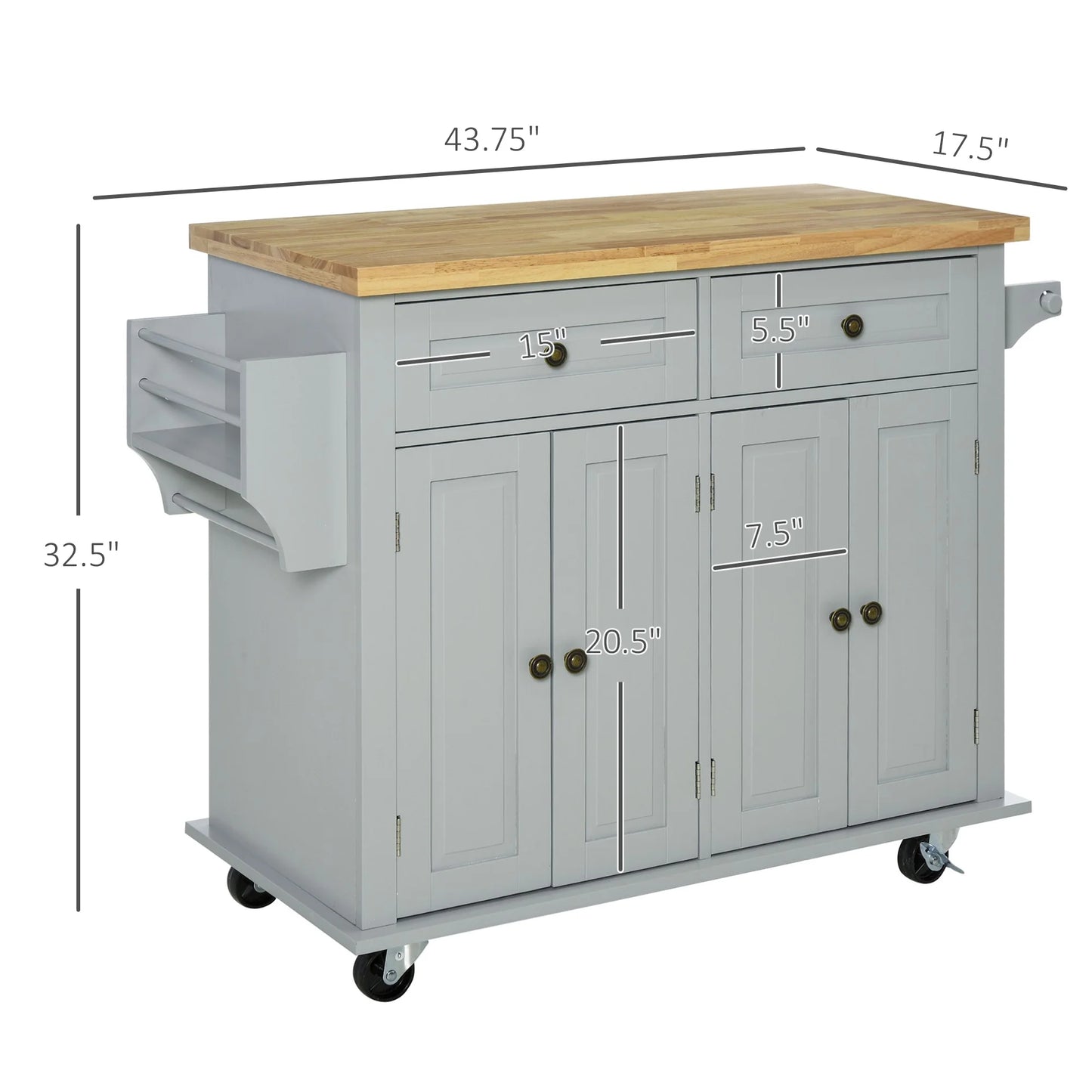 Kitchen Island on Wheels, Rolling Cart with Rubber Wood Top, Spice Rack, Towel Rack & Drawers for Dining Room, Gray