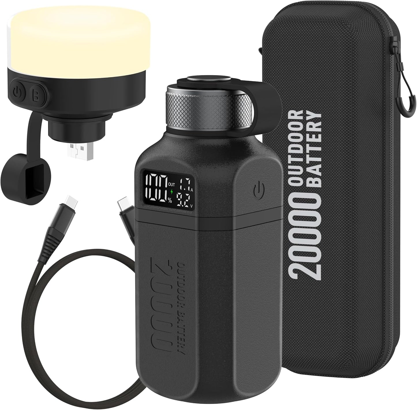 20,000Mah Rugged Power Bank with Fast Charge USB-C PD, IP68 Waterproof Shockproof, Includes 420Lm Bright Camping Lantern, Tactical Outdoor Charger for Hiking Camping Survival Emergency（Black）
