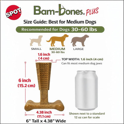 Bam-Bones Plus T-Bone Chew Toy for Dogs - Durable Bamboo & Nylon, Chicken Flavor, Perfect for Medium Chewers 30-60 lbs