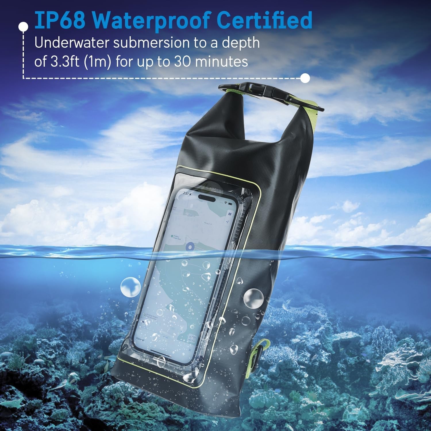 Pelican Marine IP68 Waterproof Dry Bag 2L W/Phone Pouch/Case - Black/Yellow | Roll Top Waterproof Backpack with Touchscreen Phone Pouch - Swimming, Kayaking, Camping, Rafting, Fishing & Travel Essentials