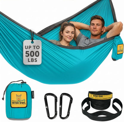 Ultimate Portable Double Hammock - Enjoy Comfort Anytime, Anywhere with 500Lbs Capacity and Essential Accessories in Blue & Grey