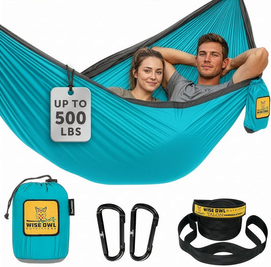 Ultimate Portable Double Hammock - Enjoy Comfort Anytime, Anywhere with 500Lbs Capacity and Essential Accessories in Blue & Grey