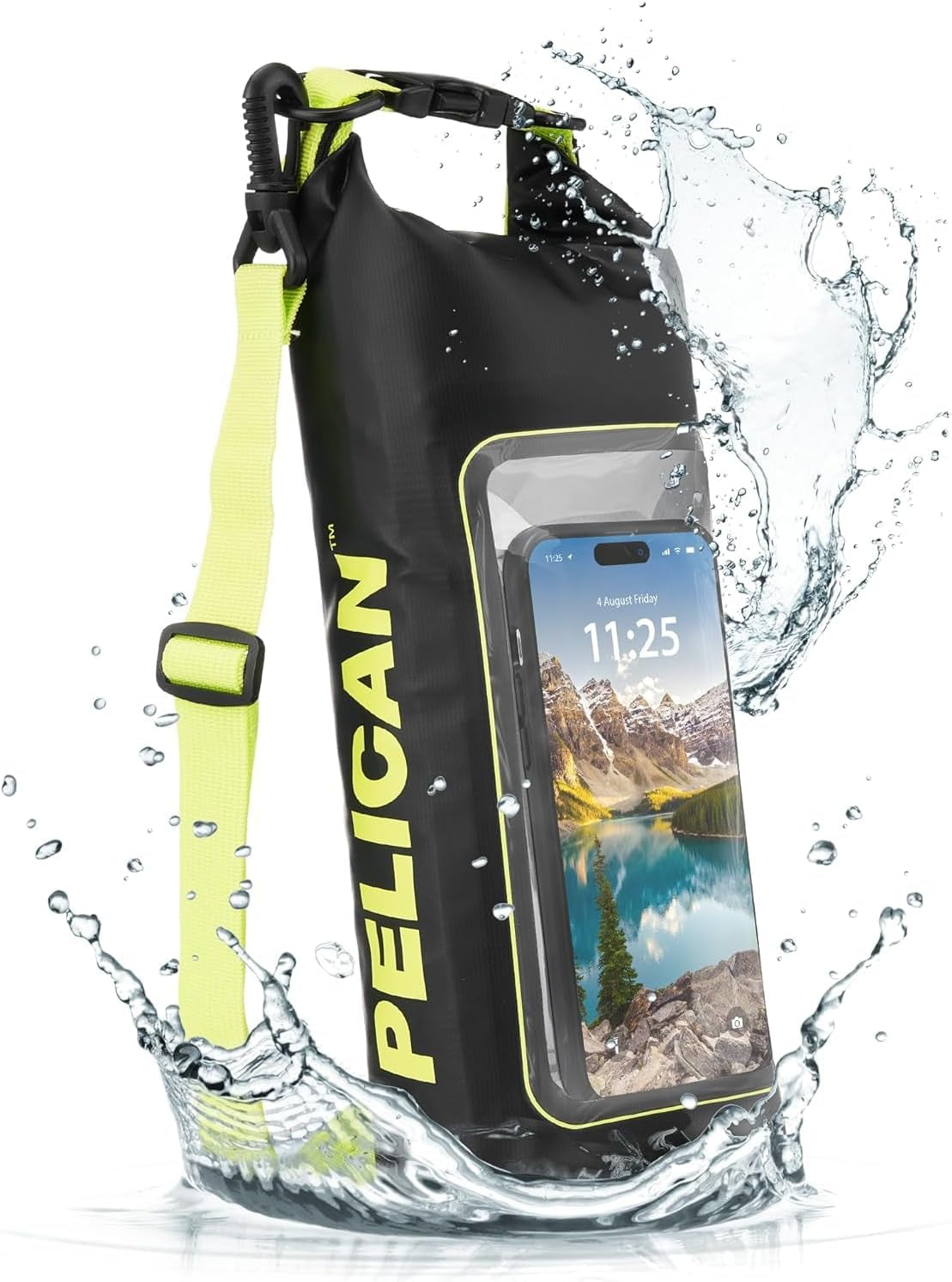 Pelican Marine IP68 Waterproof Dry Bag 2L W/Phone Pouch/Case - Black/Yellow | Roll Top Waterproof Backpack with Touchscreen Phone Pouch - Swimming, Kayaking, Camping, Rafting, Fishing & Travel Essentials