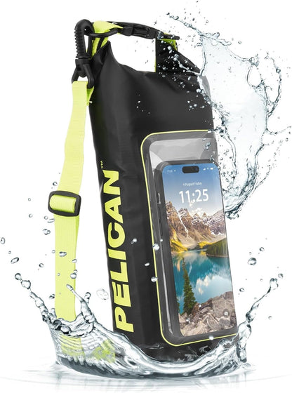 Pelican Marine IP68 Waterproof Dry Bag 2L W/Phone Pouch/Case - Black/Yellow | Roll Top Waterproof Backpack with Touchscreen Phone Pouch - Swimming, Kayaking, Camping, Rafting, Fishing & Travel Essentials
