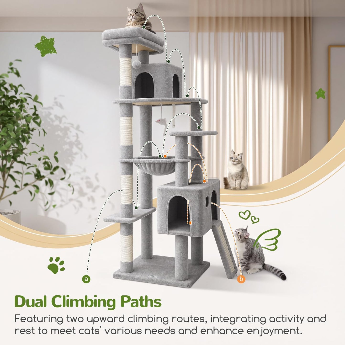 Heavy Duty Cat Tree, 70 Inch Sturdy Cat Tree for Indoor Cats Extra Large Cat Tower with Scratching Post, Hammock, Cat Condo for Adult Cats Kittens, F70 Pro, Light Grey
