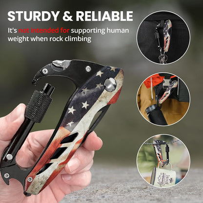 Multitool Carabiner Knife Tools for Men, Bottle Opener | Cool Gadgets Gear with Folding Knives, Window Breaker and Screwdriver for Hiking Camping, 7-In-1 Edc Multi Tool (Usa Flag)
