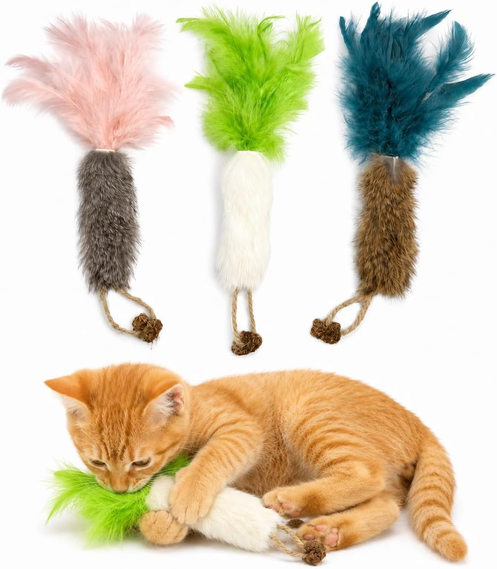 3 Pack Rabbit Fur Catnip Toys with Feathers – Interactive Carrot Cat Toys with Galls Fruit for Indoor Cats and Kittens