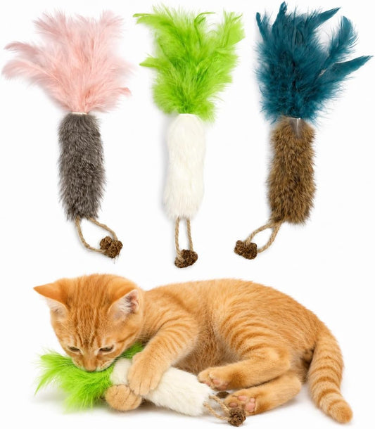 3 Pack Rabbit Fur Catnip Toys with Feathers – Interactive Carrot Cat Toys with Galls Fruit for Indoor Cats and Kittens