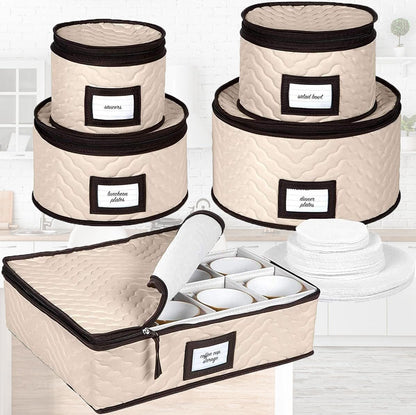 China Storage Containers 5-Piece Set Moving Boxes, Quilted Microfiber | Organize Dinnerware, Glasses, Plates, Mugs, and Saucers with Dividers for Seasonal Storage, Holds Set of 12, Beige