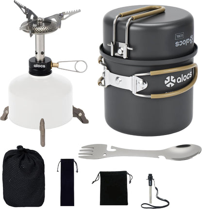 9-Piece Camping Cookware Set with Non-Stick Pots & 3200W Stove | All-In-One Nested Set with 0.35L Pan, 1L Pot, Stove, Igniter, Magnetic Stand & 5-In-1 Spork