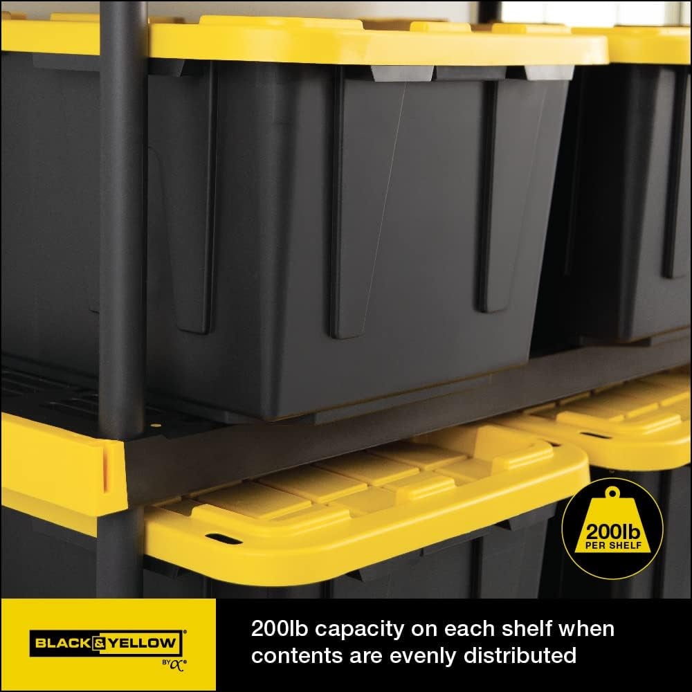 Black & YELLOW, Shelving Unit and Heavy Duty Storage Containers, Extremely Durable (Shelf + 27 Gallon Container (4-Pack))