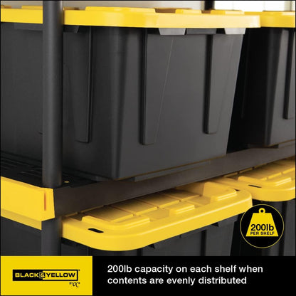 Black & YELLOW, Shelving Unit and Heavy Duty Storage Containers, Extremely Durable (Shelf + 27 Gallon Container (4-Pack))