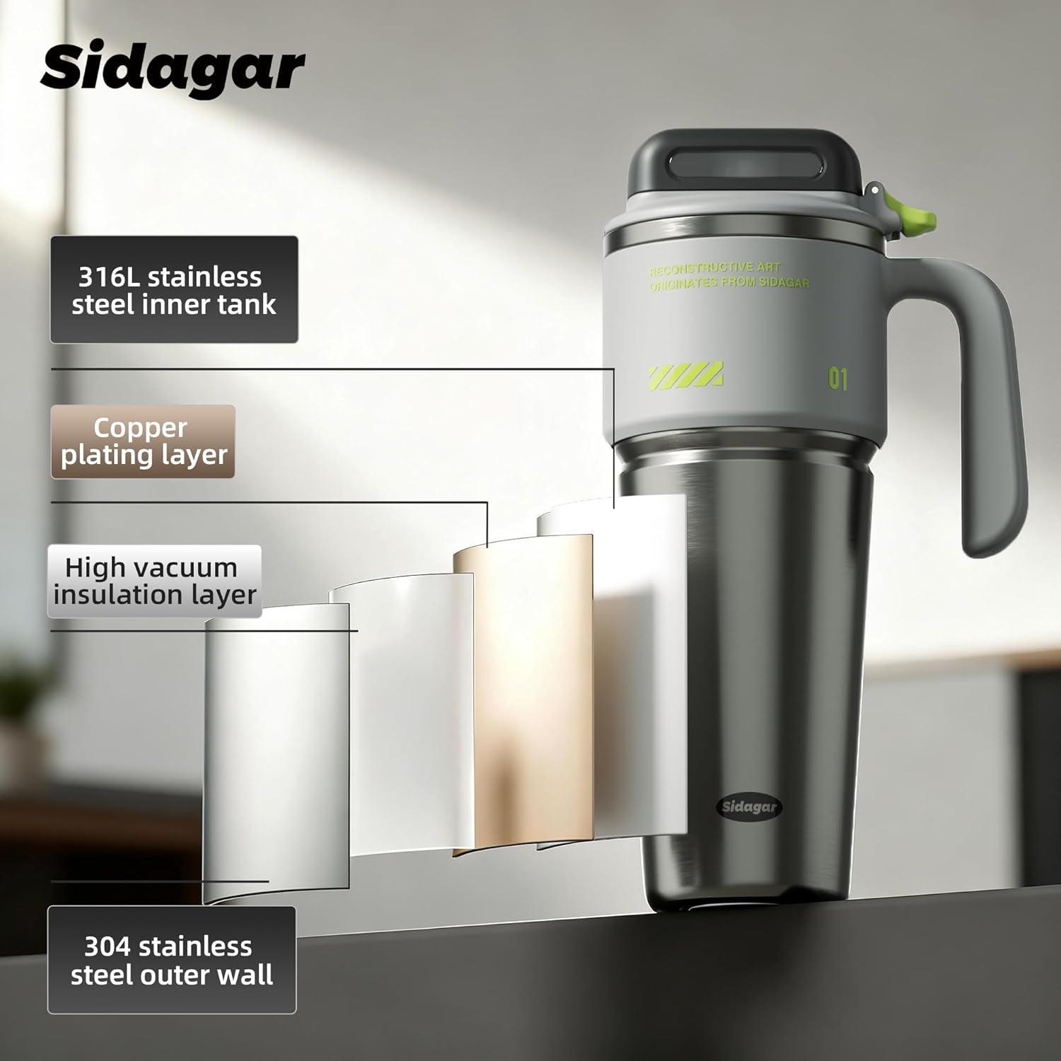 32 Oz Insulated Tumbler with Push-Button Lid and Handle, Grey | 316L Stainless Steel, Leakproof Lid, Double-Wall Vacuum Insulation, Keeps Drinks Hot or Cold for Work, Travel & Daily Use