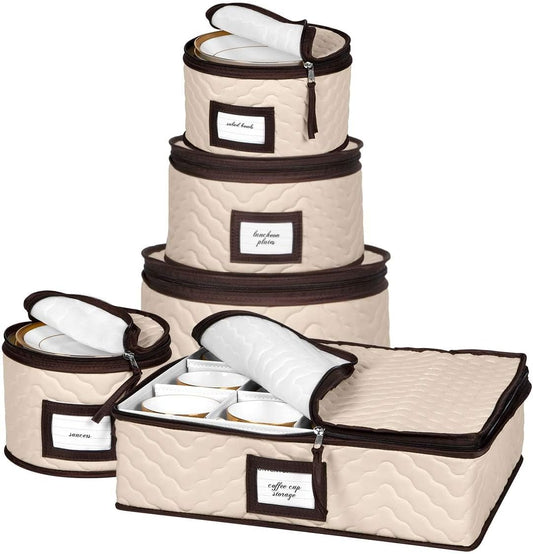 China Storage Containers 5-Piece Set Moving Boxes, Quilted Microfiber | Organize Dinnerware, Glasses, Plates, Mugs, and Saucers with Dividers for Seasonal Storage, Holds Set of 12, Beige