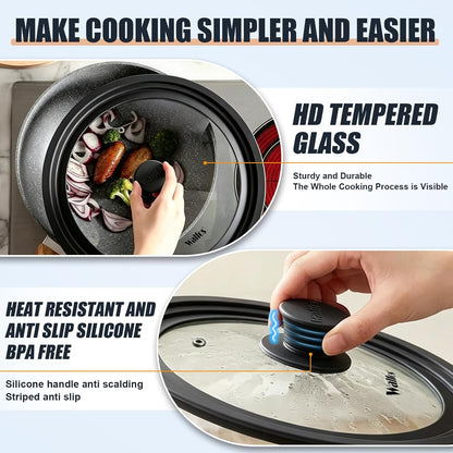 Universal Lid for Pots, Pans and Skillets & Frying Pan - Small Pan Lids Fits 6.5", 7" and 8" Diameter Cookware - Tempered Glass with Heat Resistant Silicone Rim