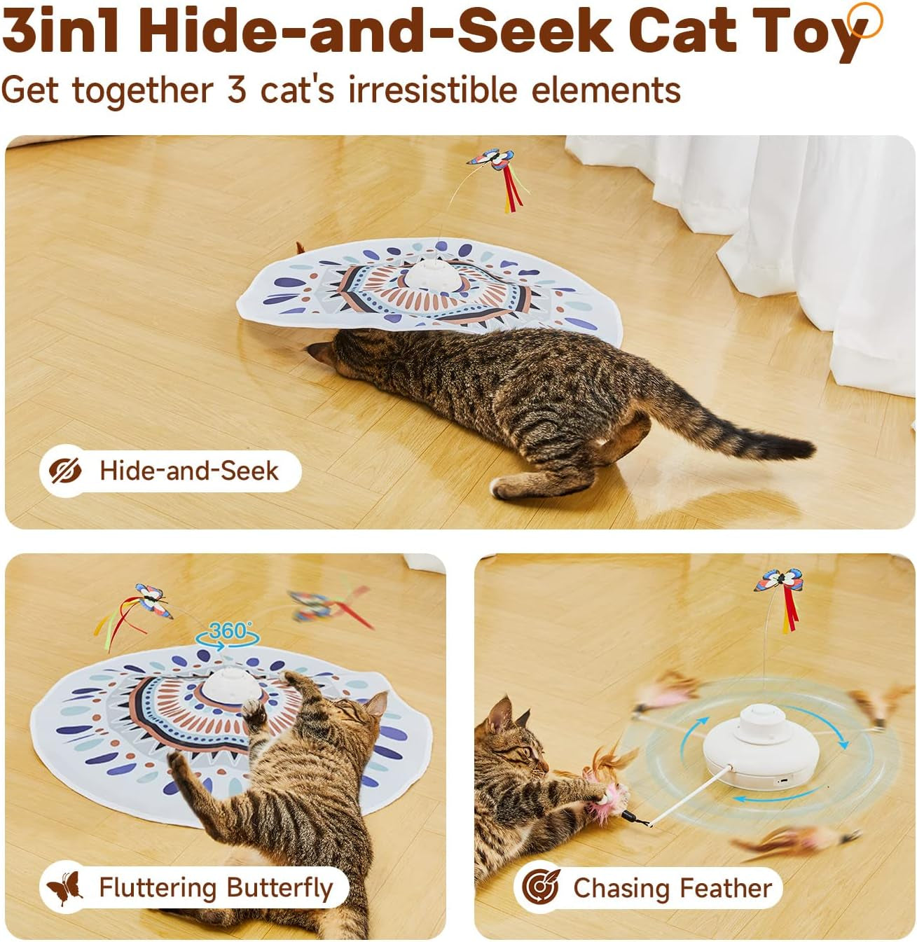 Cat Toys Chargeable, 3In1 Hide and Seek for Kittens, Interactive Automatic Play, Fluttering Butterfly, Moving Wand Feather, Indoor Kitty Exercise 22.8 Inch Cover for All Breeds | Automatic Play, Fluttering Butterfly, Moving Wand Feather, Indoor Kitten Exercise 22.8 Inch Cover for All Breeds