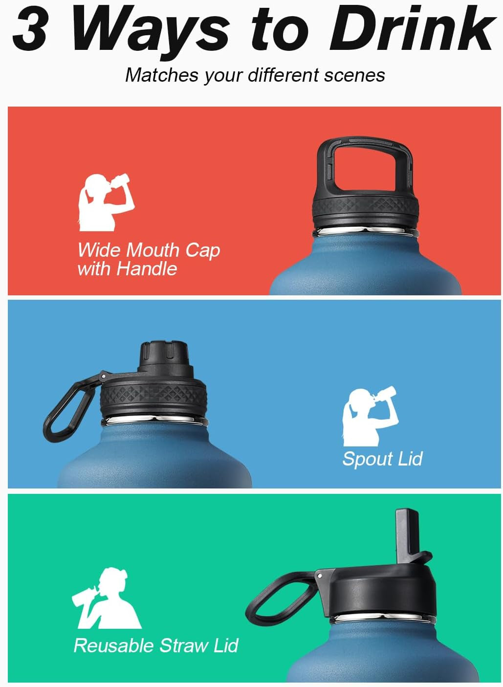 Water Bottle 87 Oz with Straw, 2/3 Gallon Insulated Stainless Steel Large 3 Lids Big Water Jug for Sports or Office, Non-Bpa Keep Cold up to 48 Hrs or Hot up to 24 Hrs, Samurai Cyan