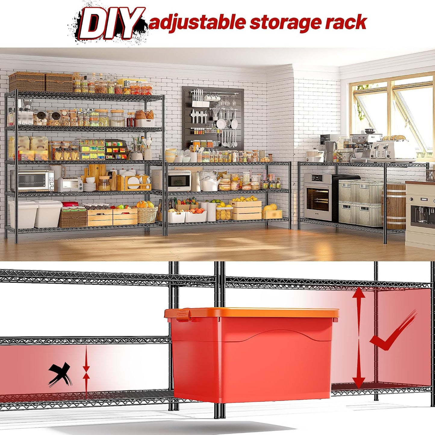 55.5" W Storage Shelves 3200LBS Wire Shelving Unit 5 Tier Metal Shelving Heavy Duty Garage Shelving Metal Shelves for Storage Rack Adjustable Pantry Shelf, 55.5" W X 18''D X 71" H, 3PCS