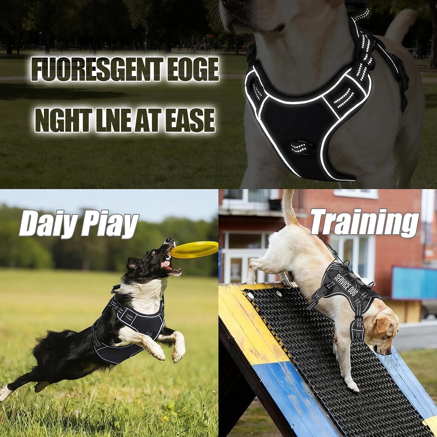 Service Dog Tactical Vest Harness and Leash Set Large Sized Dog Emotional Support- Tactical Dog Harness Training Collar with Name (Black, L)