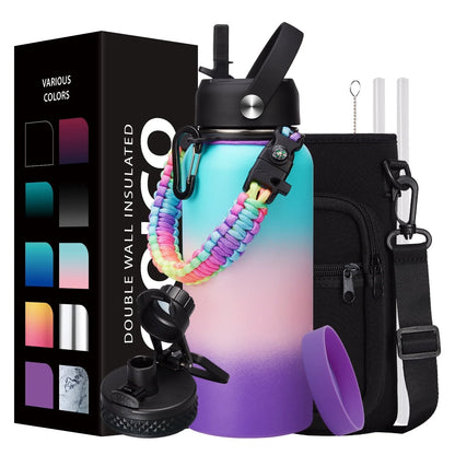 32Oz Water Bottles with Straw & Spout Lid, Paracord Handle, Strap Carrier Bag & Bottle Boot, Metal Water Bottles Keep Cold-48H Hot-24H